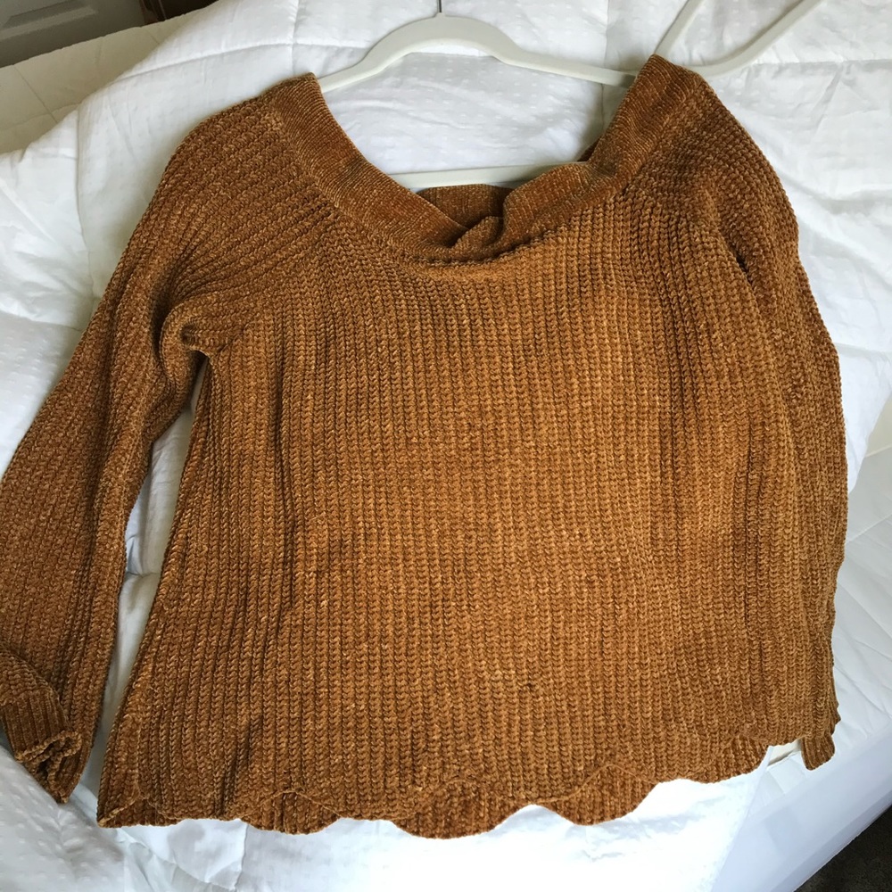 Burnt tan/orange knit sweater, wide scoop neck